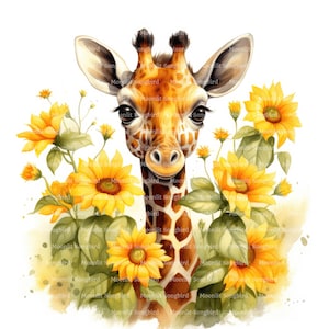 12 girafes en clipart tournesols, téléchargement numérique, aquarelle imprimable mignonne, travaux manuels en papier, haute résolution, haute qualité JPG, journal indésirable