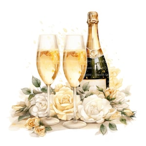 12 Champagne e rosas brancas clipart, download digital, aquarela para impressão, artesanato em papel, alta resolução, JPG de alta qualidade, diário de lixo