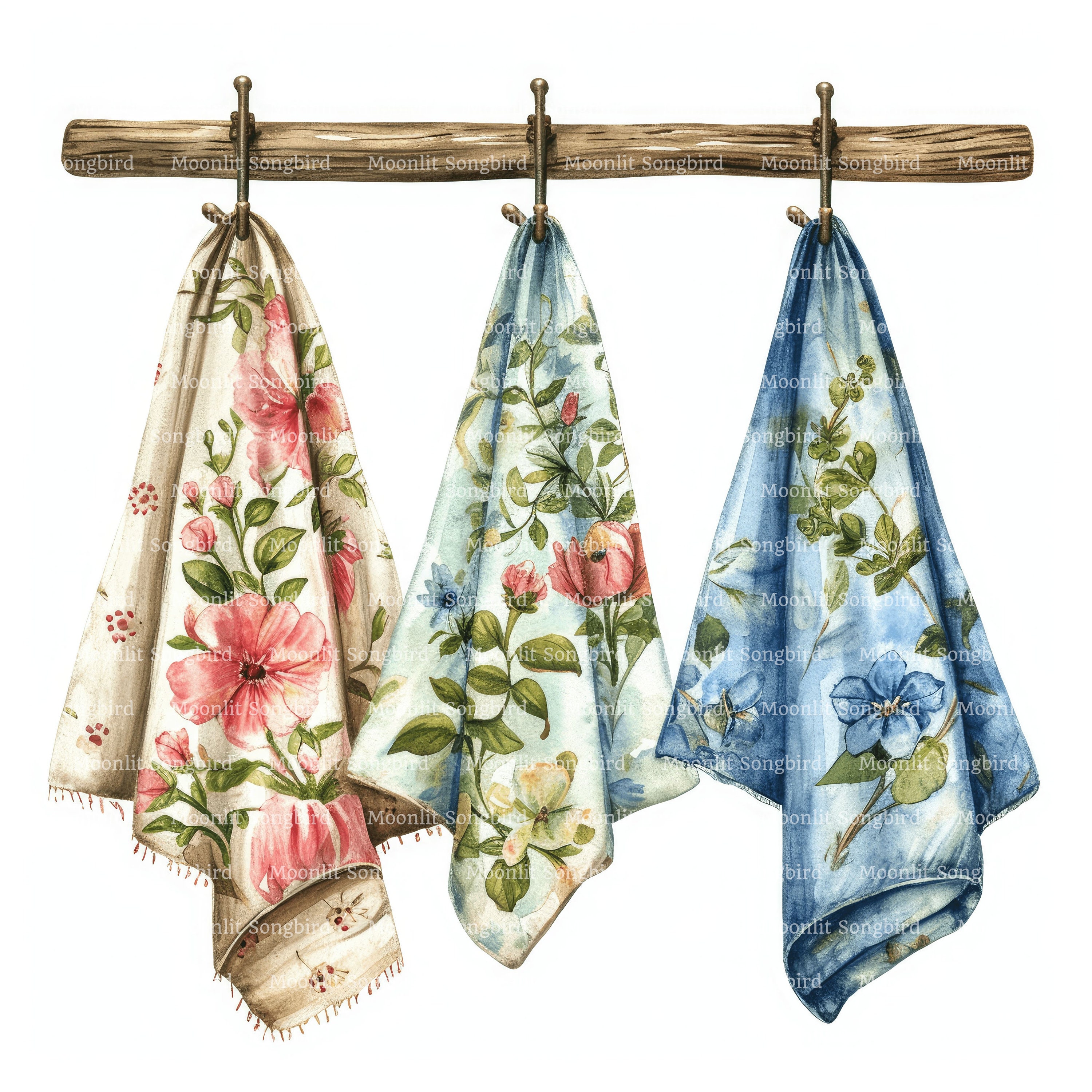 11 Hanging Tea Towels Clipart, Digital Download, Printable Watercolor