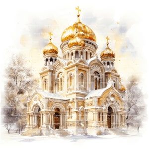 10 Chiesa ortodossa con cupole dorate Clipart, download digitale, acquerello stampabile, lavori di carta, JPG di alta qualità, Winter Junk Journal