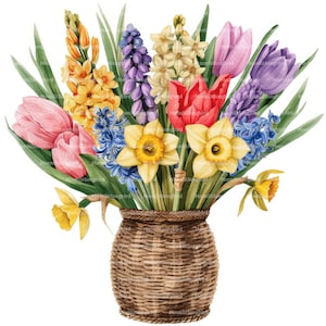 12 Tulpen, Narzissen und Hyazinthen in der Vase Clipart, digitaler Download, druckbare Aquarellfarbe, Papierkunst, Frühlingsstrauß, JPG, Junk Journal
