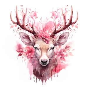 10 Clipart di cervi rosa, download digitale, biglietto di Natale acquerello stampabile, lavoretti di carta, alta risoluzione, JPG di alta qualità, Junk Journal
