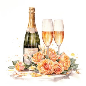 12 cliparts champagne avec roses oranges et roses, téléchargement numérique, carte aquarelle imprimable, créations en papier, JPG de haute qualité, journal indésirable