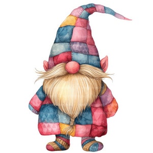16 Patchwork Gnome Clipart (Images Only!) Digital Download, Printable Watercolor Clipart, Paper Crafts, Quilted Stuffed Gnome, Junk Journal