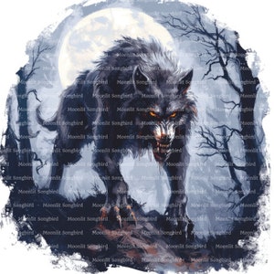 16 Clipart di lupo mannaro a mezzanotte, luna piena, download digitale, clipart acquerello stampabile, lavoretti di carta, JPG di alta qualità, diario spazzatura