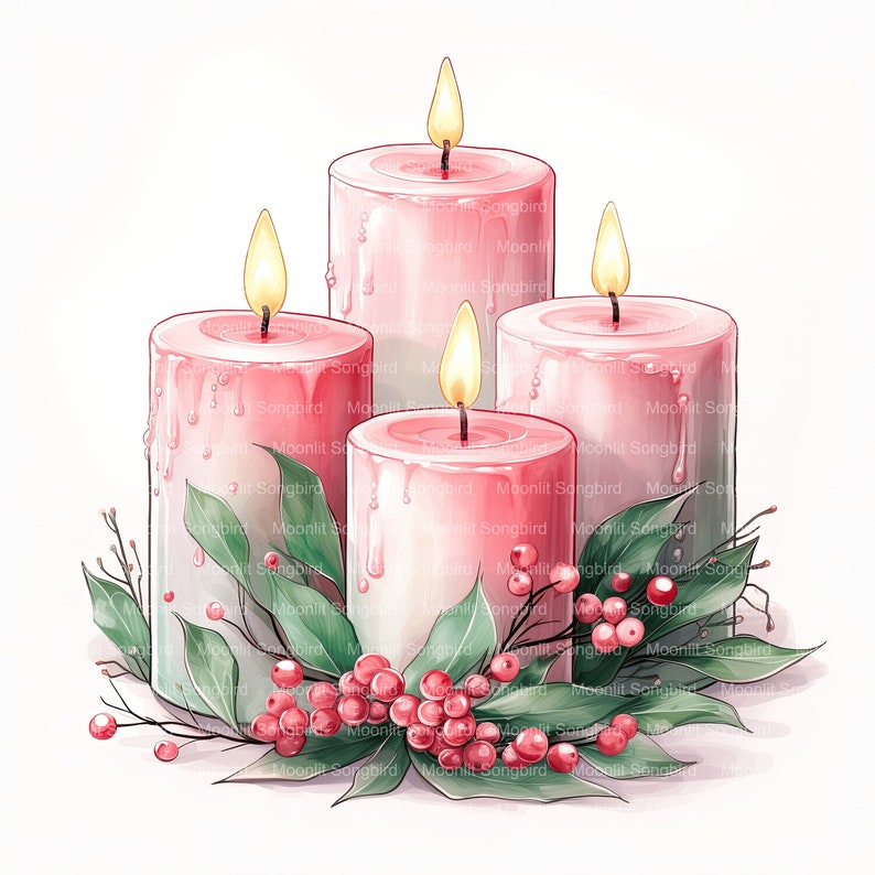 10 Pink and Green Candles Clipart, Digital Download, Printable