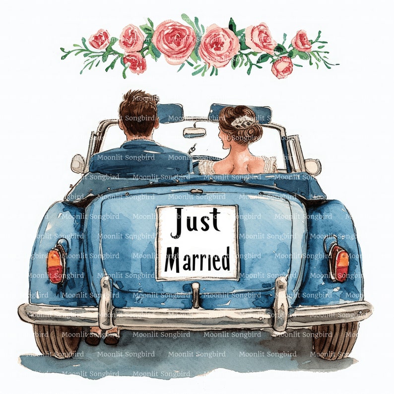 14 Just Married Car Clipart, Bride and Groom, Wedding Day, Love ...