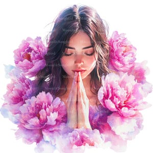 16 Clipart di donna che prega e fiori, download digitale, JPG, donna che prega, ragazza che prega, immagini cristiane, ragazza cristiana, fiori rosa