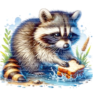 10 Waschbären waschen sein Essen Clipart, digitaler Download, Druckvorlage Aquarell, Papiermodelle, Trash Panda, lustige Waschbären, JPG, Junk Journal