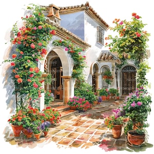 16 Clipart di cortili spagnoli, download digitale, clipart di acquerelli stampabili, lavori di carta, Spagna, Europa verde, europeo, JPG, Junk Journal