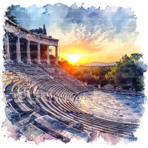 12 amfitheaterruïnes bij zonsondergang clipart, digitale download, afdrukbare aquarel clipart, papier ambachten, oud Griekenland, jpg, junk Journal