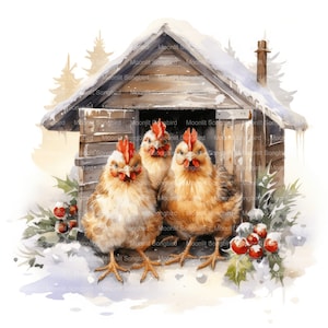 10 imágenes prediseñadas de gallinero navideño, descarga digital, acuarela imprimible, manualidades de papel, alta resolución, JPG de alta calidad, Junk Journal