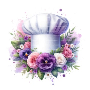 May include: A white chef's hat with a purple and white floral arrangement around the base. The flowers include roses, pansies, and other small flowers.