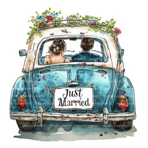 12 voitures juste mariées avec clipart des mariés, PNG & JPG, téléchargement numérique, clipart aquarelle imprimable, créations en papier, voiture de mariage, amour