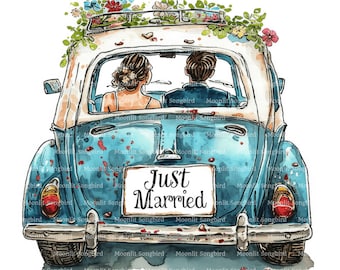 12 Just Married Auto mit Braut und Bräutigam Clipart, Digitaler Download, druckbare Aquarell Clipart, Papier basteln, Hochzeit, Liebe, Junk Journal