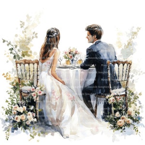 12 Novios sentados a la mesa, clipart, descarga digital, clipart de acuarela imprimible, manualidades de papel, boda, amor, JPG, diario basura