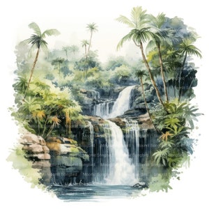 14 waterval in het regenwoud Clipart, Digitale download, Afdrukbare aquarel, Papierkunst, Hoge resolutie, Hoge kwaliteit JPG, Junk Journal