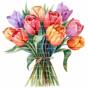 10 Clipart di mazzi di tulipani, download digitale, clipart di acquerelli stampabili, lavoretti di carta, tulipani, fiori, JPG di alta qualità, Junk Journal