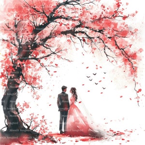 10 Braut und Bräutigam unter Kirschblüten Baum Clipart, digitaler Download, druckbare Aquarell Clipart, Papierkunst, Hochzeit, Junk Journal