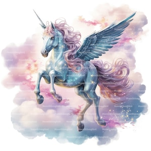 May include: A blue and pink winged unicorn with a golden horn, flying through a cloudy sky with a starry background.