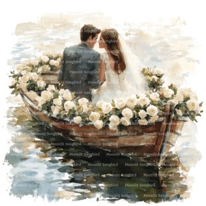 17 Clipart di sposi in barca, download digitale, clipart acquerello stampabile, creazioni di carta, matrimonio in mare, JPG di qualità, diario spazzatura