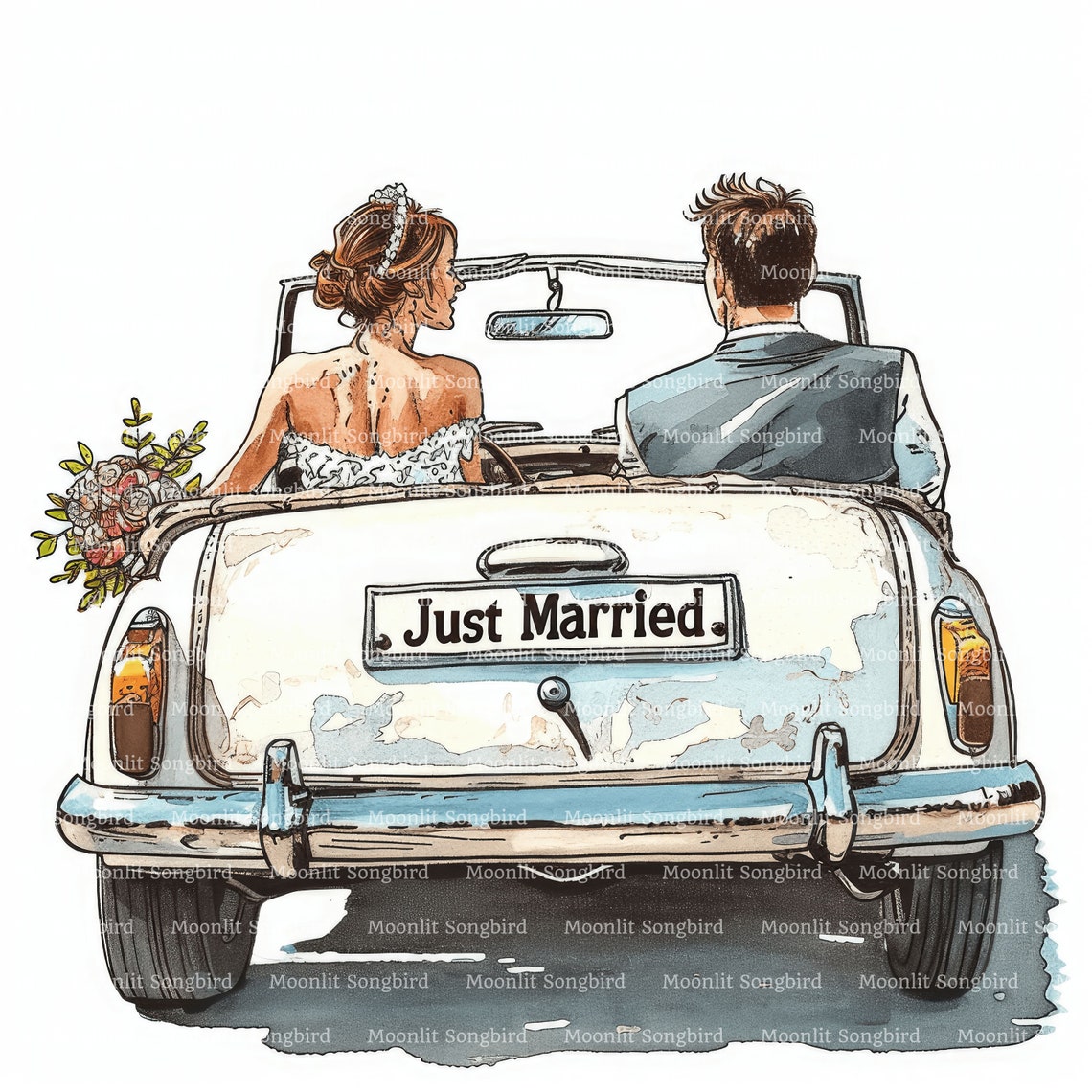 12 Just Married Car With Bride and Groom Clipart, Digital Download ...