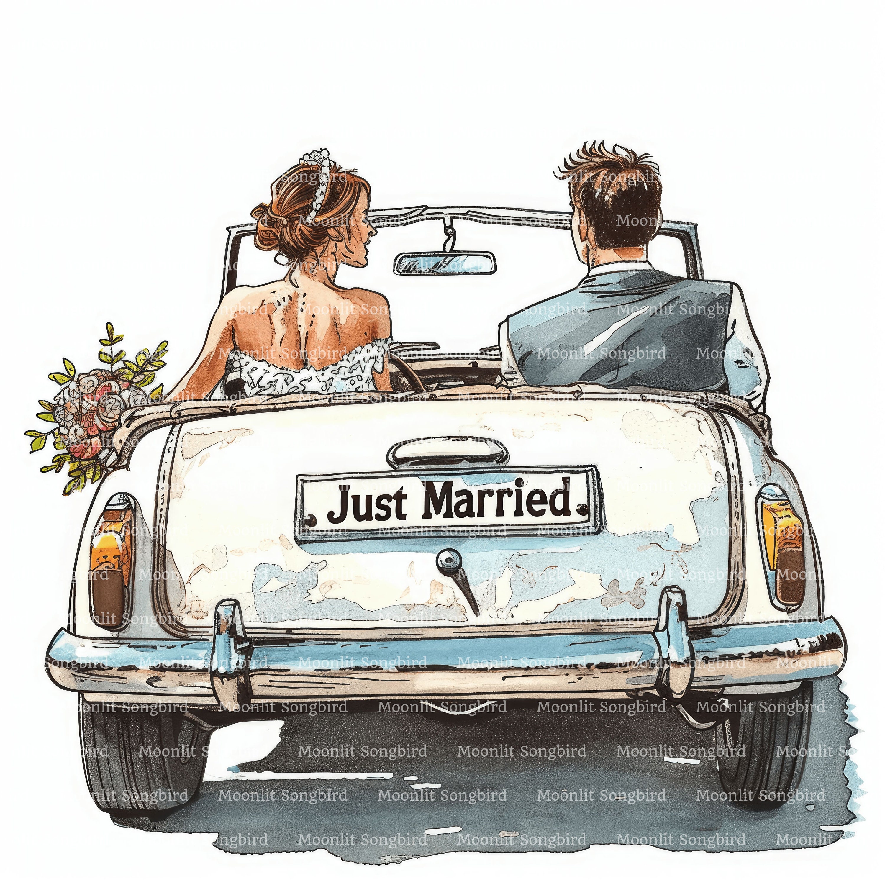 12 Just Married Car With Bride and Groom Clipart, PNG & JPG, Digital ...