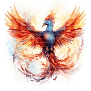 May include: A vibrant watercolor painting of a phoenix with red, orange, and blue feathers. The phoenix is depicted with its wings spread wide, as if in flight. The background is a soft wash of blue and orange.