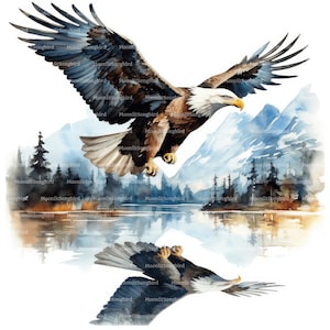 10 Aquila che vola sopra l'acqua Clipart, download digitale, Clipart acquerello stampabile, lavoretti di carta, uccello, lago, mare, fiume, JPG, Junk Journal