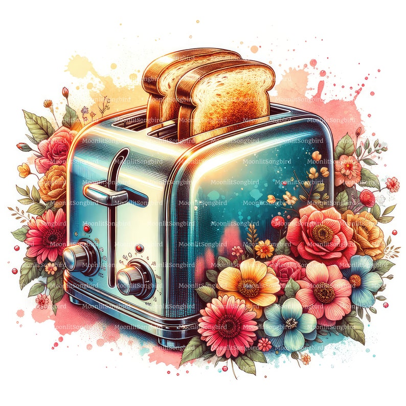 10 Floral Bread Toasters Clipart, Digital Download, Printable