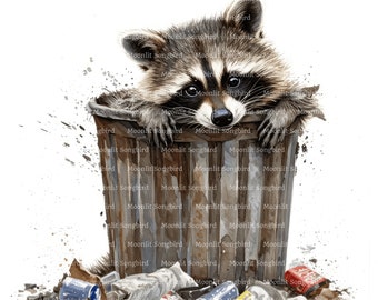 12 Raccoon in Trash Can Clipart, Digital Download, Printable Watercolor Clipart, Paper Crafts, Trash Panda, High Quality JPG, Junk Journal