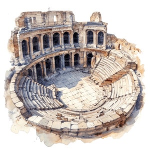 12 amfitheater clipart, digitale download, afdrukbare aquarel clipart, papier ambachten, oude wereld, ruïnes, Europa, klassieke JPG, Junk Journal