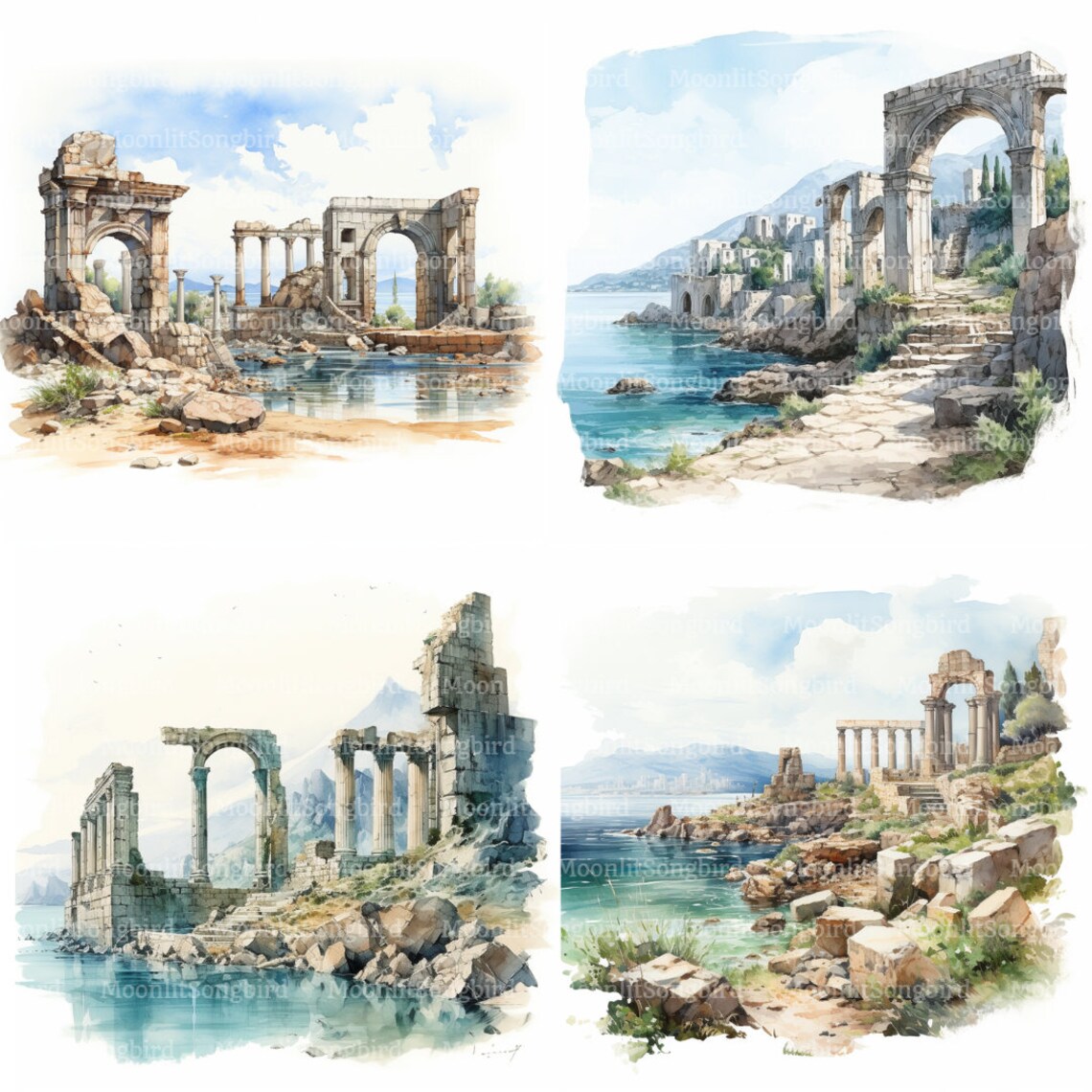 16 Greek Coastal Ruins Clipart, Digital Download, Printable Watercolor ...