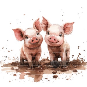 Puede incluir: Dos lechones rosados con caras sonrientes se paran en un charco de barro. Los lechones están pintados en un estilo acuarela con acentos marrones.