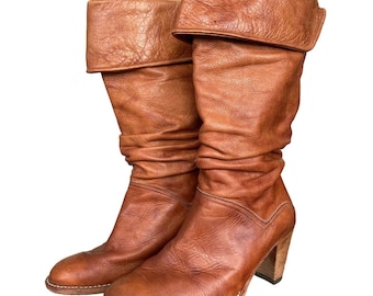 Vintage FRYE 'Dorado Slouch' Boho Cuffed Brown Leather Heeled Boots Women's 8M