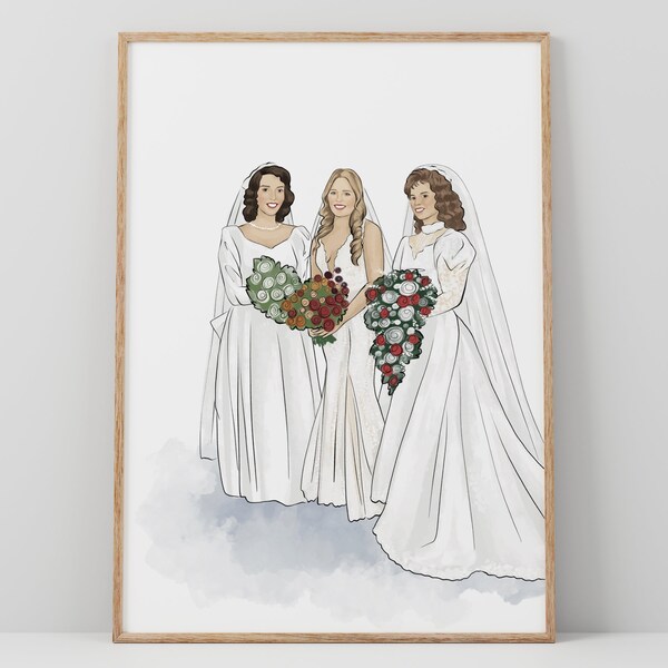 Custom Generational Wedding Portrait, Mother of the Bride Gift, Digital Watercolor Illustration, Bridal Portrait with Mom and Grandmother