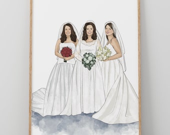 Custom Generational Wedding Portrait, Mother of the Bride Gift, Digital Watercolor Illustration, Bridal Portrait with Mom and Grandmother