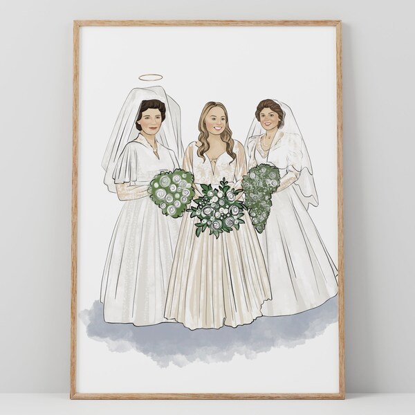 Custom Generational Wedding Portrait, Mother of the Bride Gift, Digital Watercolor Illustration, Bridal Portrait with Mom and Grandmother