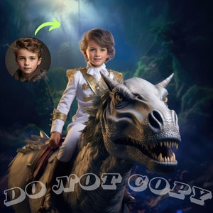 Portrait personnalisé d'art de dinosaure d'équitation d'enfant à partir de la photo Portrait de dinosaure fête d'anniversaire de dinosaure C320