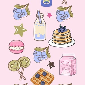 Könnte beinhalten: Eine verspielte Illustration mit Frühstücksgerichten und Süßigkeiten auf rosa Hintergrund. Enthält Pfannkuchen, Waffeln, Makronen, Lutscher, Milchkartons und Blaubeeren. Ein Toaster und ein Eisbecher sind ebenfalls vorhanden.