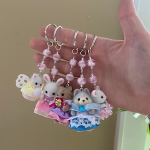 Princess Calico Critters Keychain  Pink Glass Beads
