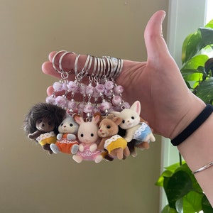 Calico Critters Keychain Twins Pink Glass Beads