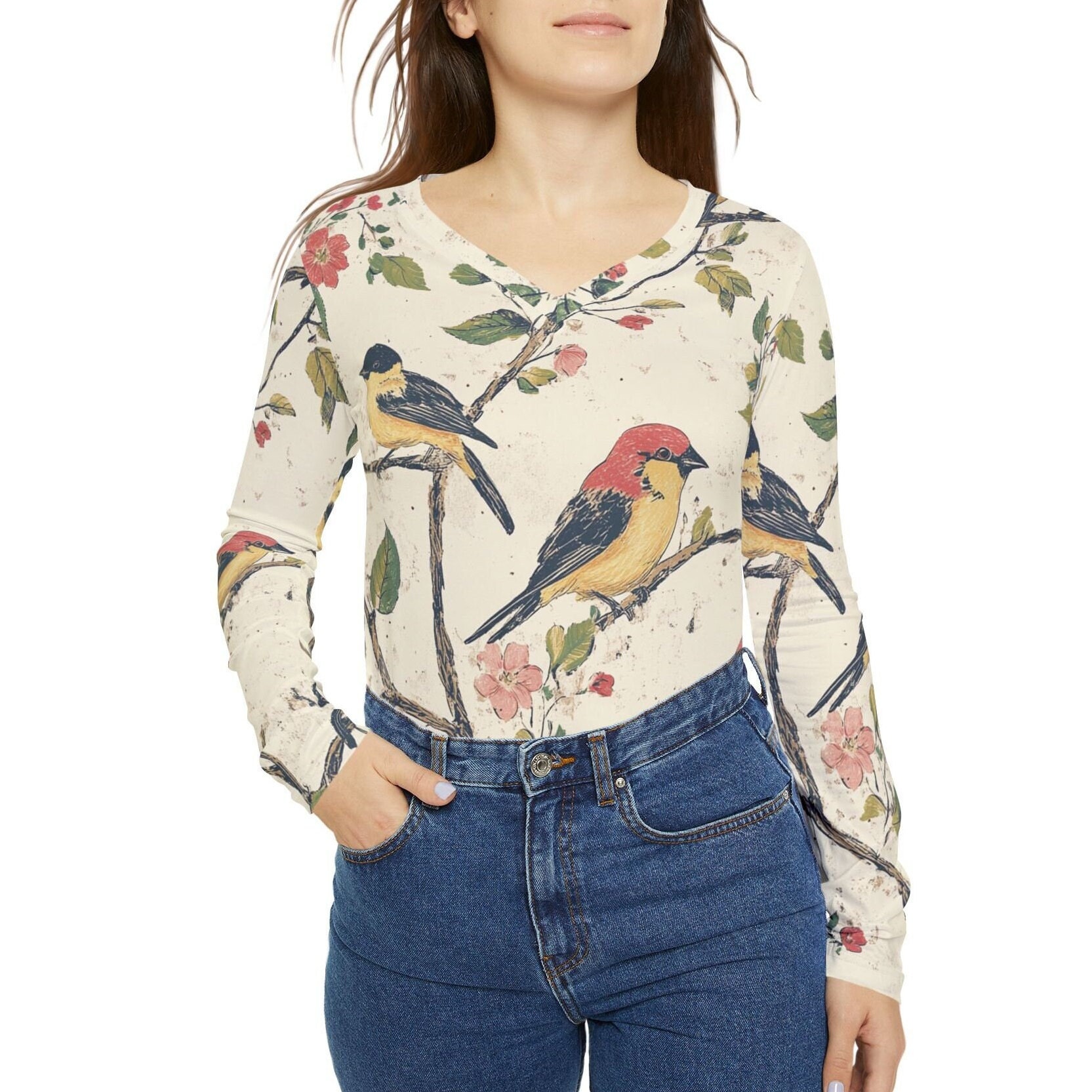 Vintage Bird Print V-Neck Shirt: Retro Long Sleeve Top