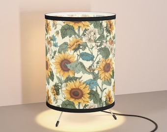 Tripod Lamp, Sunflower Lampshade, Vintage Inspired Lighting, Floral Home Decor, Unique Print Lamp