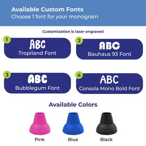 Pu&ograve; includere: Immagine che mostra le opzioni di carattere per i monogrammi, tra cui Tropiland, Bauhaus 93, Bubblegum e Consola Mono Bold. Sotto, sono visualizzate tre opzioni di colore: rosa, blu e nero. Il testo indica che la personalizzazione &egrave; incisa al laser.