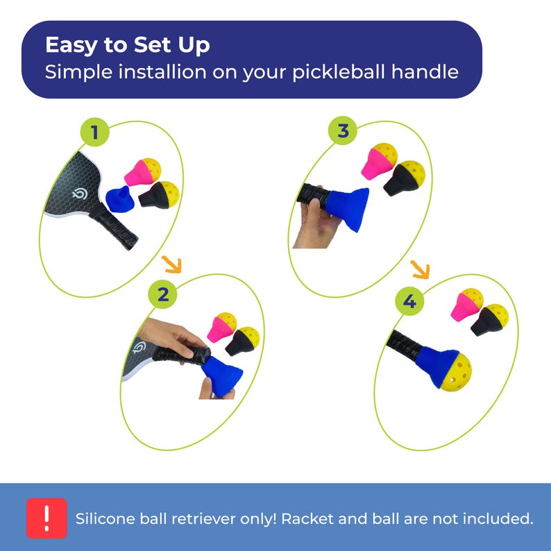 Pu&ograve; includere: Diagramma che mostra la semplice installazione di un raccogliballe in silicone blu su un manico da pickleball. L'immagine include il testo "Easy to Set Up" e "Simple installation on your pickleball handle."