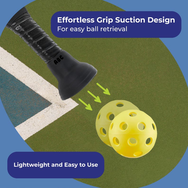 Pu&ograve; includere: Impugnatura nera con le lettere "ABC" e un design a ventosa, con tre palline gialle perforate. Il testo recita "Effortless Grip Suction Design For easy ball retrieval" e "Lightweight and Easy to Use".