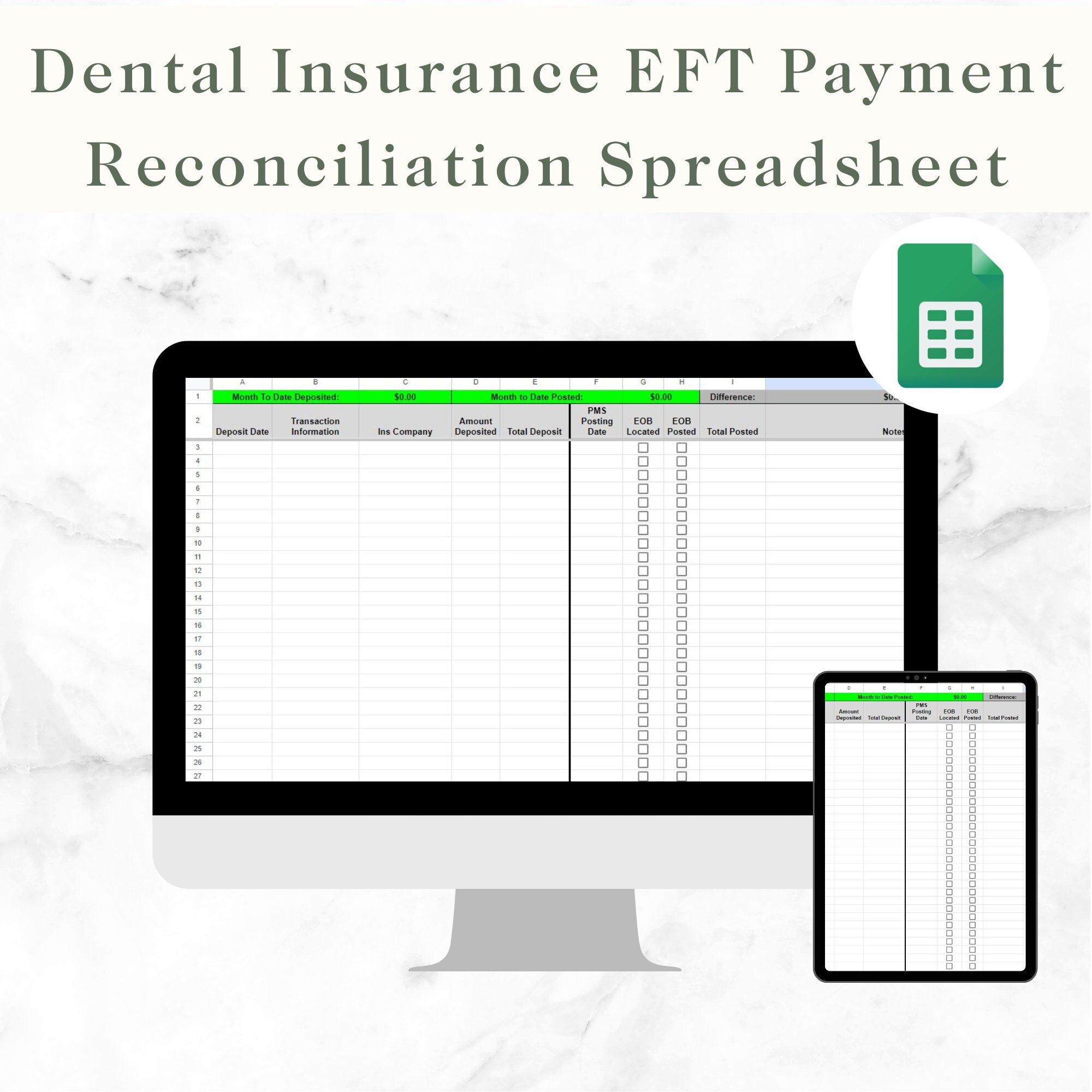 Dental Insurance EFT Payment Reconciliation Spreadsheet