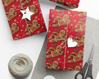 Red Funny Gingerbread Man Christmas Gift Wrap, Holiday Goodies Design, Festive Gift Wrap, Xmas Present Wrap, Christmas Wrapping Paper