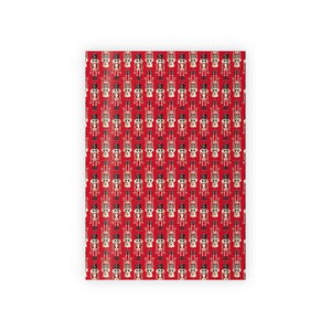 Papel de regalo navideño con diseño de esqueleto y cascanueces, papel de regalo rojo, diseño festivo de copos de nieve, papel de regalo navideño, papel de regalo navideño, decorativo